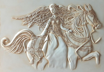 at üstünde kanatlı kadın kabartma